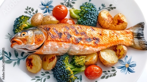 Obraz na płótnie Grilled salmon with roasted potatoes, broccoli, and cherry tomatoes on decorated plate w salonie