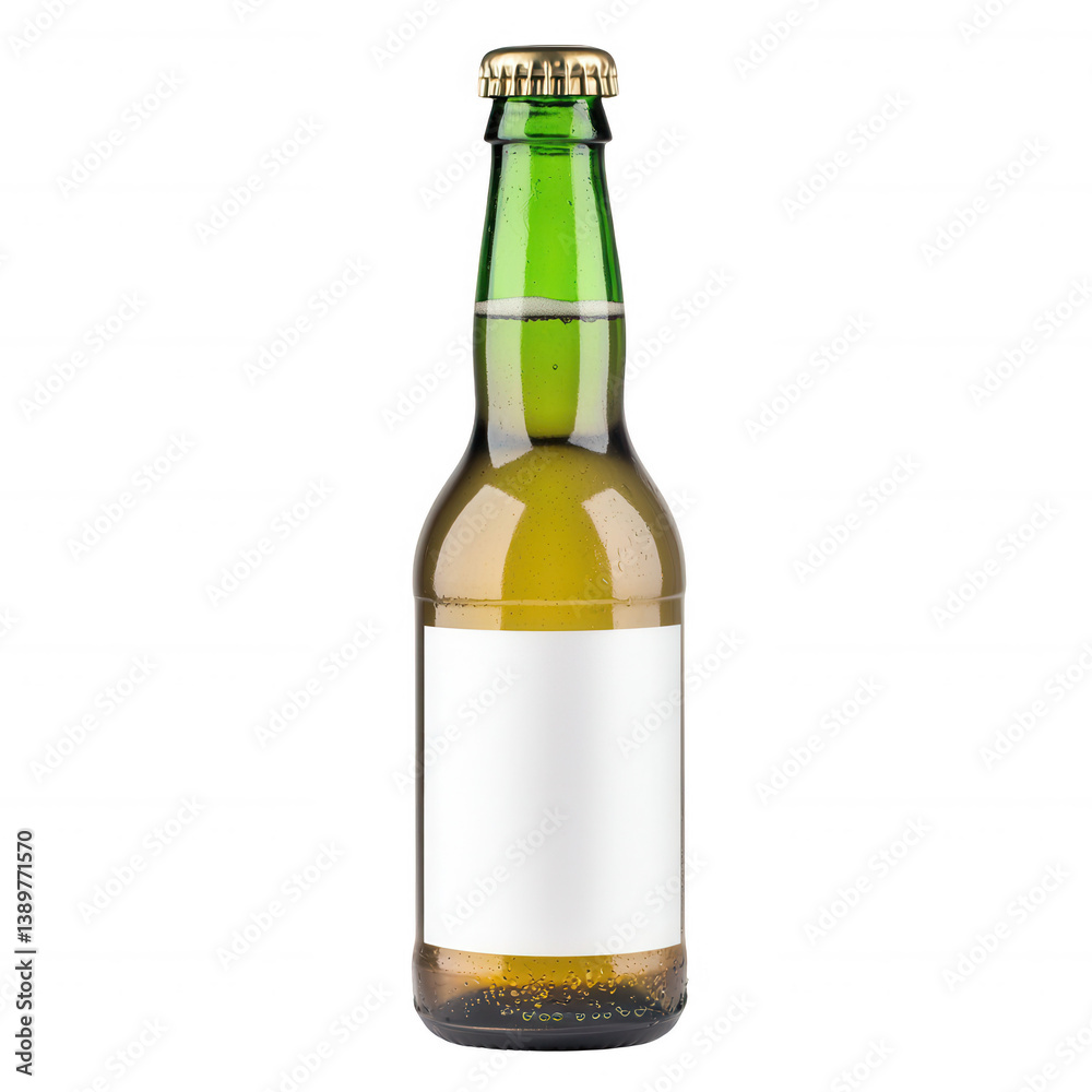 Die-cut image of a green glass beer bottle with a blank label, isolated on a white background, ideal for branding and design purposes. Die-cut image of a green glass beer bottle with a blank label, isolated on a white background, ideal for branding and design purposes.
