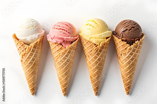 Four ice cream cones of different flavors lined up on a white surface in a studio shot style image