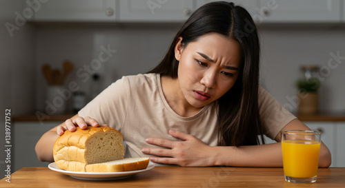 A young woman's hesitant gaze falls upon a loaf of bread, a subtle expression of dietary concern playing upon her features, warm indoor lighting casting a gentle glow.