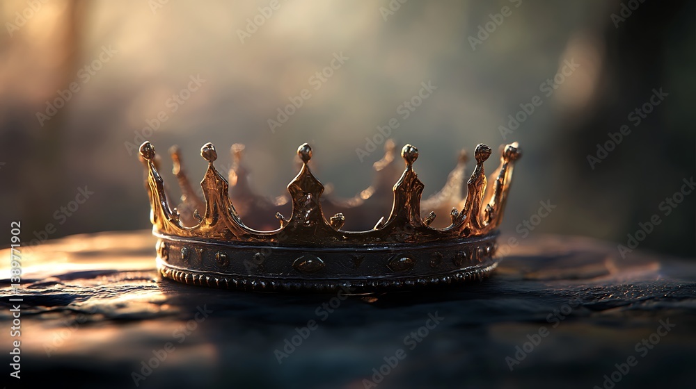 A shining gold crown resting upon a dark stone