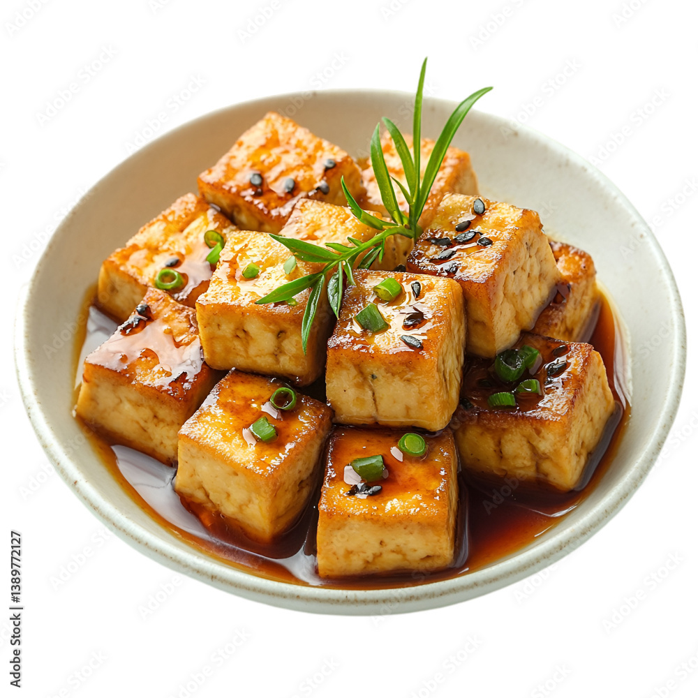 Pan-fried Tofu Cubes in Savory Glaze Garnish with Herbs, Pan-fried Tofu Cubes in Savory Glaze Garnish with Herbs,