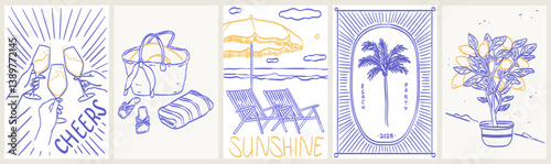 Italian amalfi sicily style vacation handdrawn vector illustrations in ink line doodle sketch style elements. Lemon, palm tree lounge vacation chalk charcoal style drawing for poster, placard or print