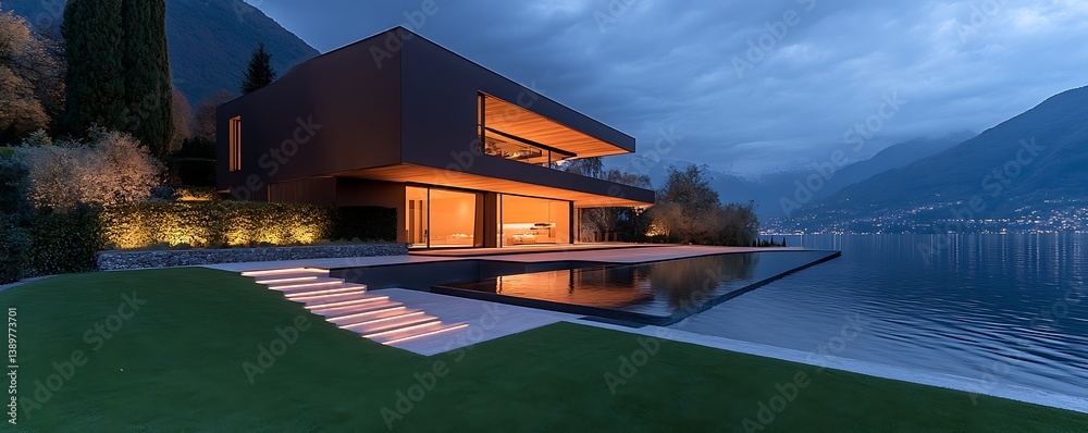 A modern house illuminated at dusk beside a serene lake