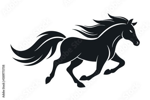 Black silhouette of a running horse with a flowing mane and tail in a vector illustration style.