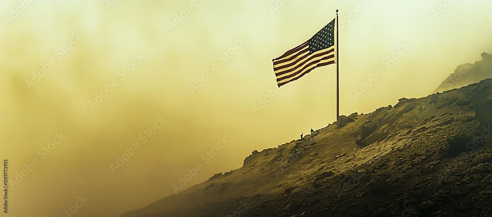 An American Flag Waves Proudly Upon a Rocky Mountain Slope