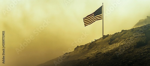 Obraz na płótnie An American Flag Waves Proudly Upon a Rocky Mountain Slope w salonie