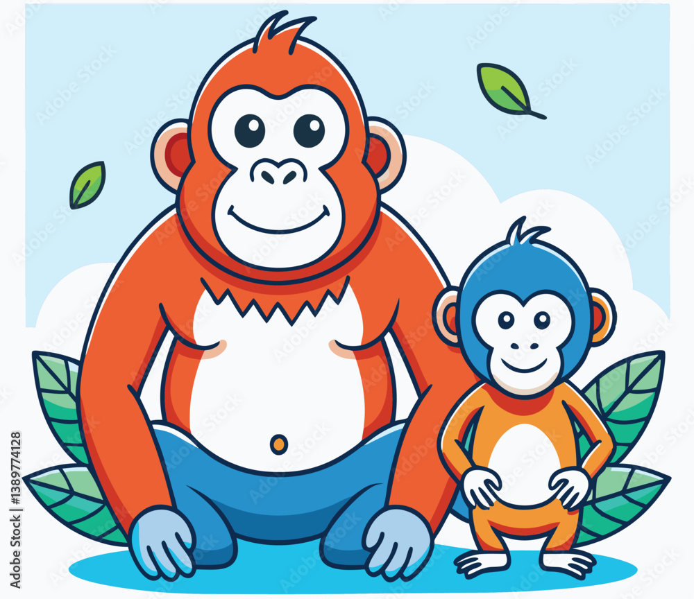 Naklejka premium Cartoon Orangutan And Monkey Illustration With Leaves And Cloud Background