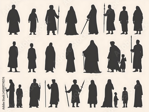 Silhouetted figures of various people standing in various positions