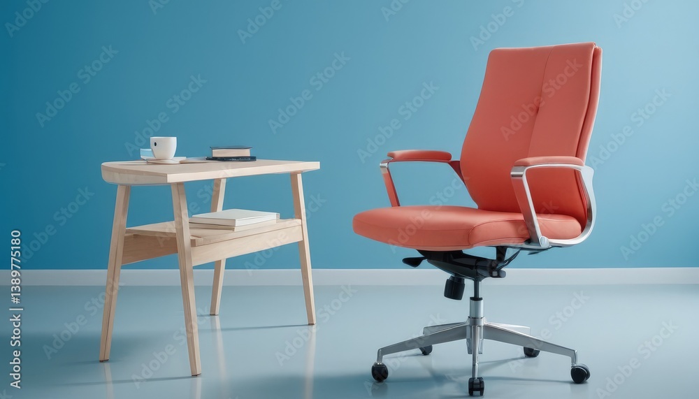 Fototapeta premium Workspace Harmony: A sleek, modern office setup, featuring a vibrant chair and a minimalist side table. Evoking a sense of focus, productivity, and design-conscious living.