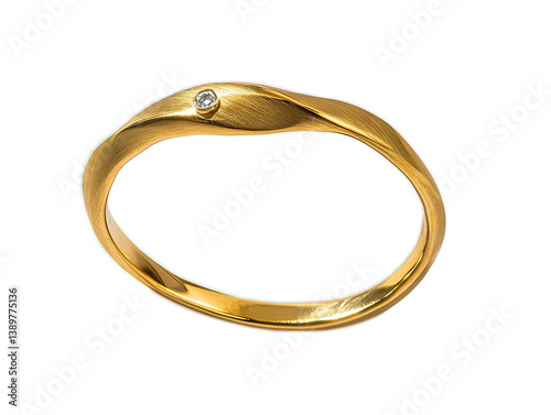 Minimalist gold bangle bracelet with small diamond accent, casting subtle shadow on white background