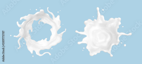Milk splashes isolated on blue background. Natural dairy product, yogurt or cream splash with flying drops. Realistic vector illustration