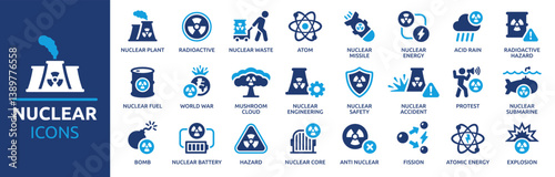 Nuclear icon set. Containing radioactive, nuclear plant, atom, nuclear bomb, hazard, radiation, atomic energy and more. Solid vector icons collection.