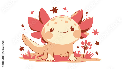 Cute cartoon axolotl smiling in a colorful flower garden  