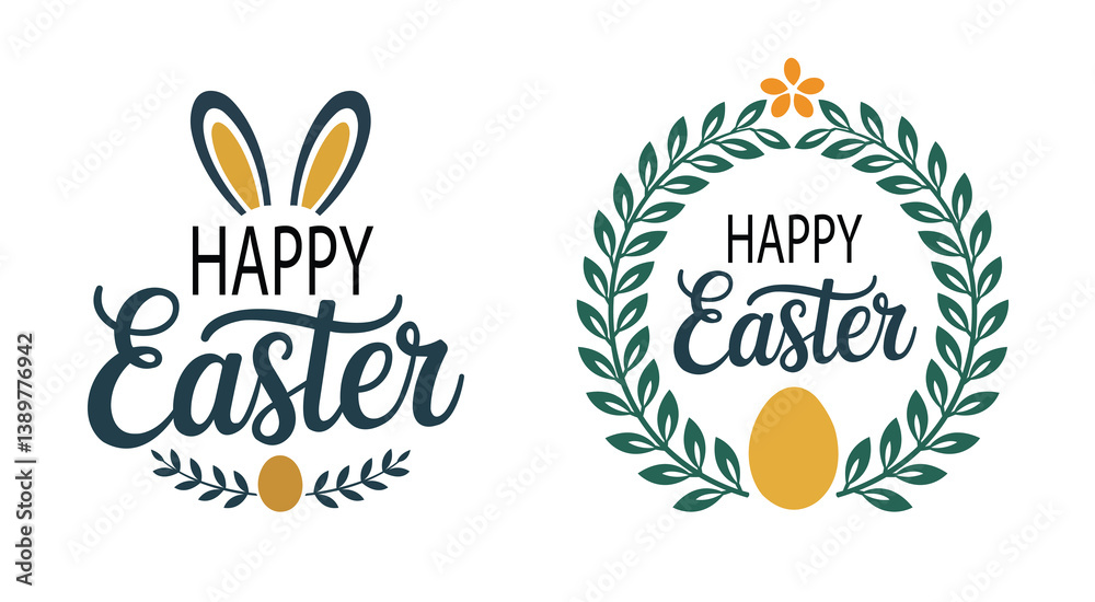 Fototapeta premium Happy Easter Bunny Design Illustration,Easter Greetings Floral Wreath Artwork,Festive Easter Egg and Leaves,Spring Holiday Happy Easter Artwork.