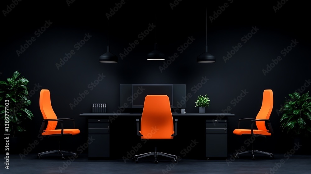 A modern office workspace featuring orange chairs and sleek design elements