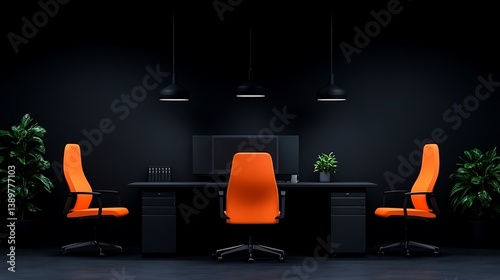 Obraz na płótnie A modern office workspace featuring orange chairs and sleek design elements w salonie