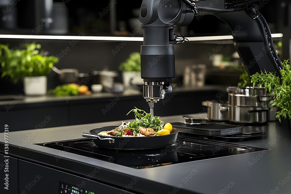 A robotic arm carefully garnishes a plate of prepared food items