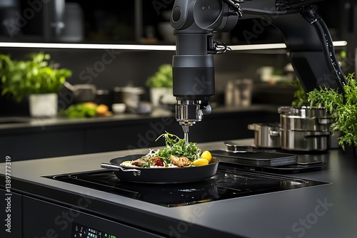 Obraz na płótnie A robotic arm carefully garnishes a plate of prepared food items w salonie