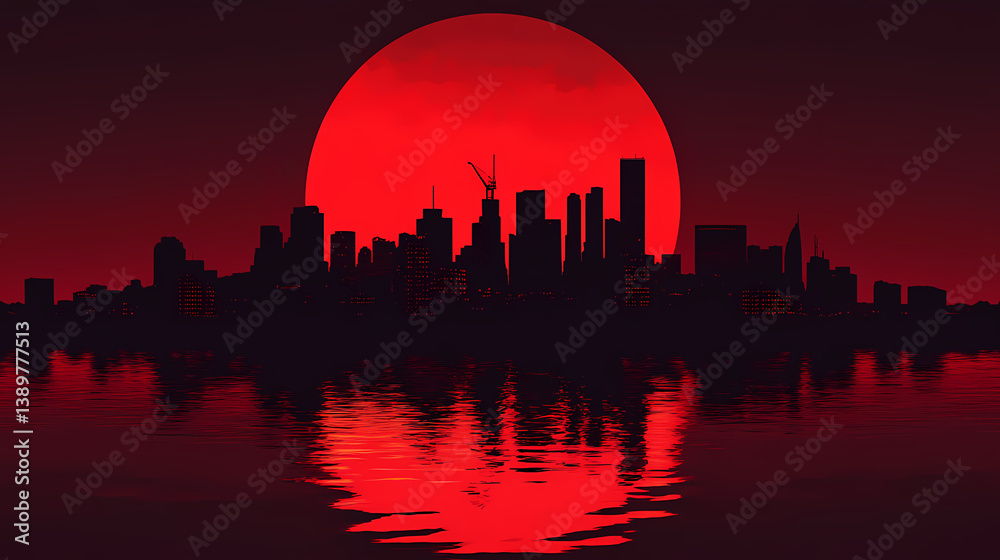 Fototapeta premium Silhouetted city skyline reflected beneath a large red sun. Doomed Horizon. Illustration