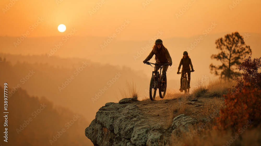 Two cyclists riding mountain bikes at sunset on cliff trail with scenic horizon and warm evening light