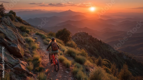 Female biker riding down mountain trail at golden hour surrounded by wilderness and panoramic views
