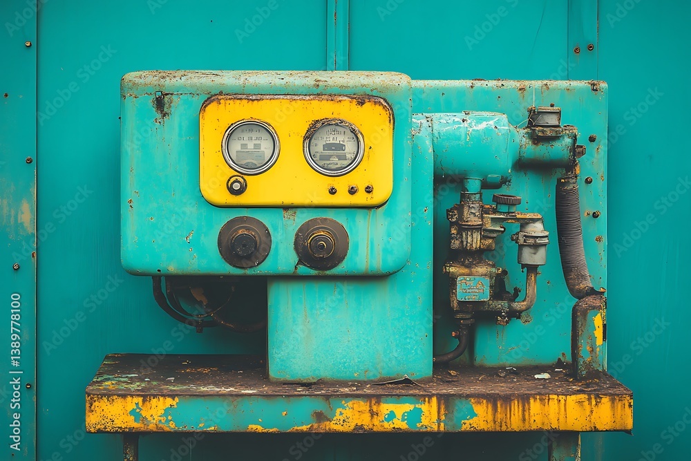 An aged and weathered industrial machine shows signs of corrosion