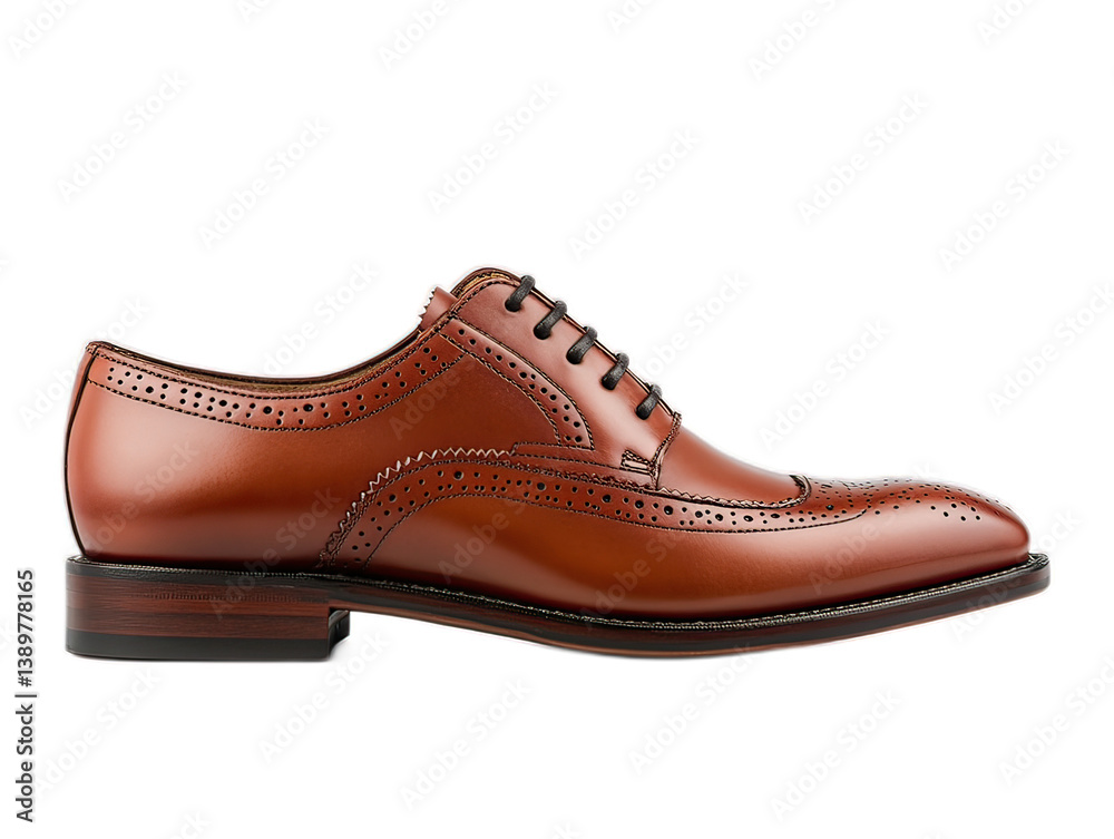 Men's leather dress shoes in oxford style, rich brown color with detailed broguing, positioned at angle on white background Men's leather dress shoes in oxford style, rich brown color with detailed broguing, positioned at angle on white background