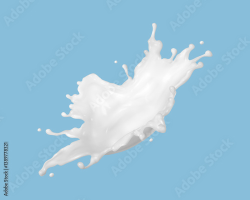Milk splash isolated on blue background. Natural dairy product, yogurt or cream splash with flying drops. Realistic Vector illustration