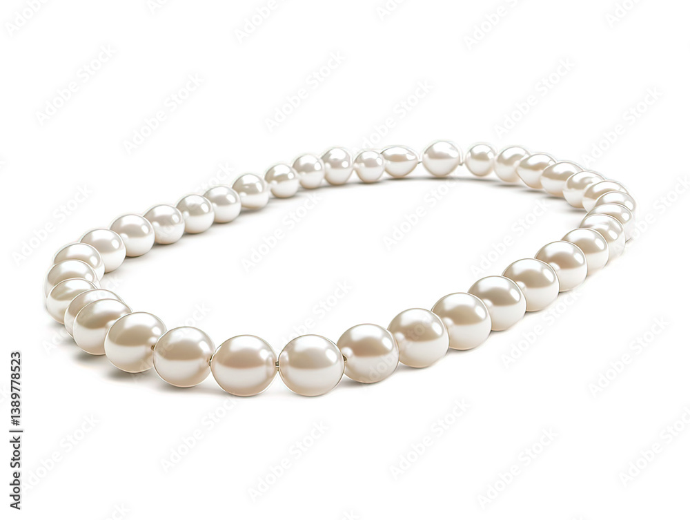 Opera length pearl necklace with graduated pearl sizes, arranged in graceful S-curve on white background