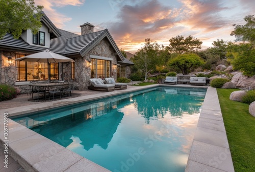 the backyard and pool area at sunset in an elegant home for sale with three glass windows  green grass lawn