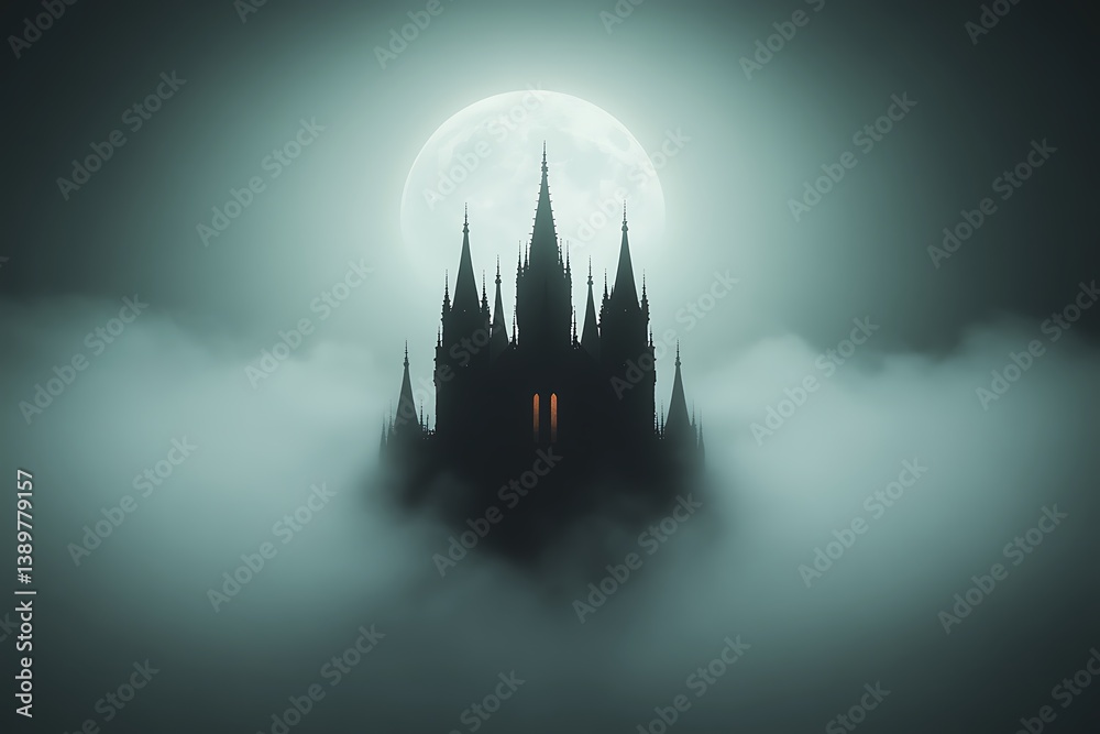 A gothic castle silhouetted against a large moon in the sky