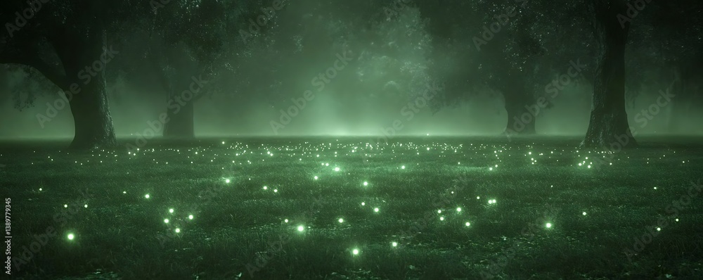 A mystical forest clearing glowing with magical orbs of light