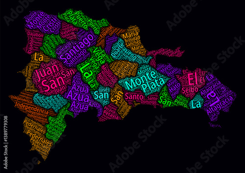 Dominican Republic Regions Word Clouds. Bright neon style design on dark background. Region names of the country in Spanish language. Country shape with administrative division.