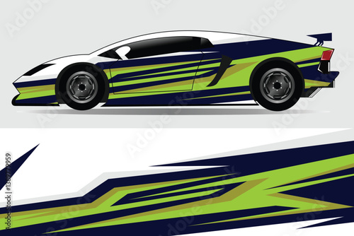 Sleek sports car with vibrant green and blue racing stripes, showcased against a minimalist background