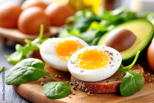 Ingredientes frescos para un desayuno saludable con huevos, aguacate y espinacas en una tabla de madera