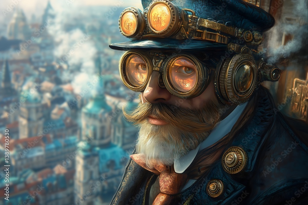 Steampunk inventor gazing over a bustling cityscape with ornate architecture and smoke-filled air Steampunk inventor gazing over a bustling cityscape with ornate architecture and smoke-filled air