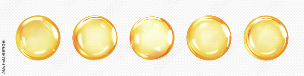 Gold collagen serum bubbles. Cosmetic oil or essence. Concept skincare cosmetics solution. Vector realistic illustration