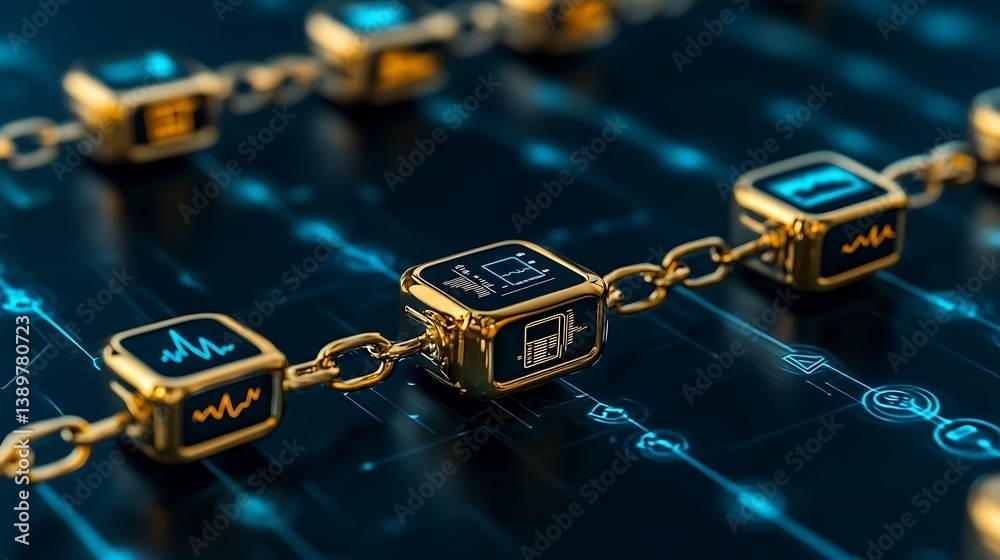 Decorative chain of gold blocks representing a digital data structure