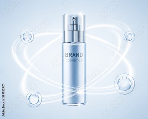 Beauty cosmetic product. Cosmetic bottle with molecules or atoms. Concept skin care cosmetic solution. Realistic vector