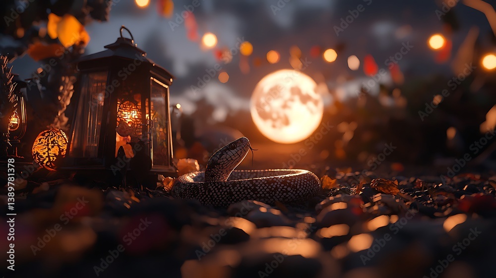 A coiled snake rests at night beneath a full moon