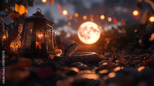 A coiled snake rests at night beneath a full moon