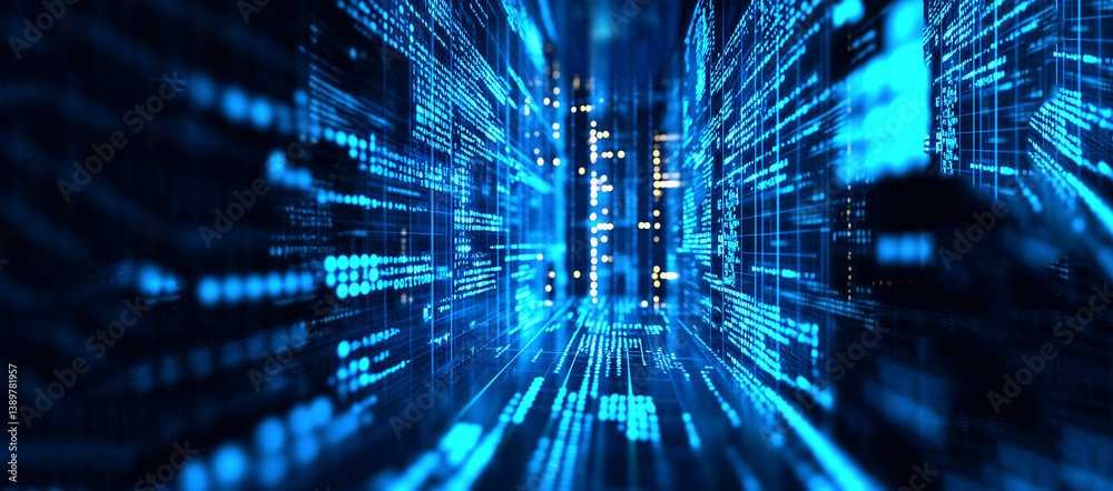 a digital network, with flowing lines and blue hues. The background features intricate coding and AI elements, symbolizing advanced technology and cyber connections