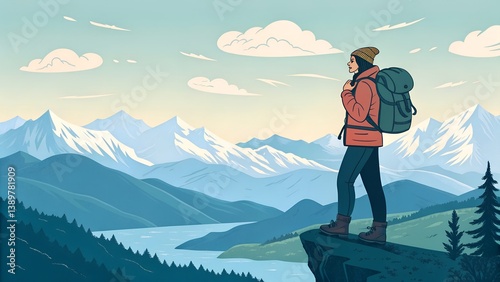Woman with backpack standing on cliff edge overlooking mountains and lake under cloudy sky scenery artwork