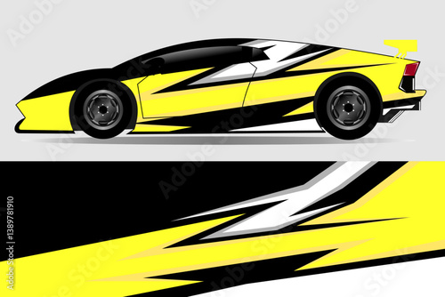 Sleek yellow and black sports car design showcased in a minimalist setting with dynamic lines