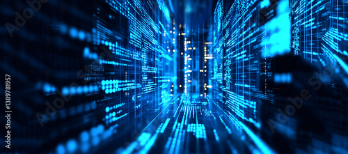 a digital network, with flowing lines and blue hues. The background features intricate coding and AI elements, symbolizing advanced technology and cyber connections