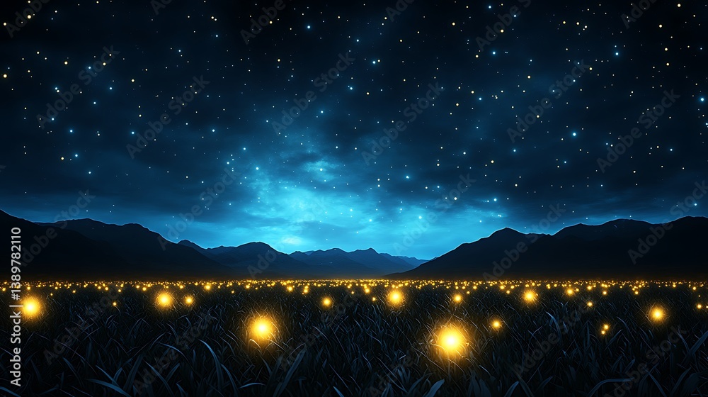 Bright glowing orbs illuminate a field beneath a starry nighttime sky