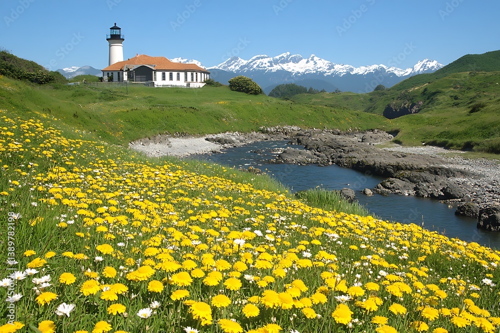 A scenic coastal landscape featuring a lighthouse and mountains afar