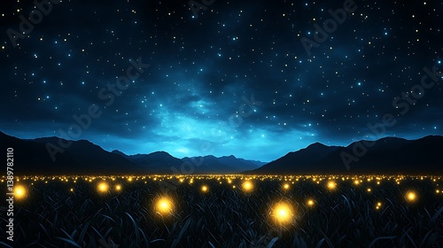 Obraz na płótnie Bright glowing orbs illuminate a field beneath a starry nighttime sky w salonie