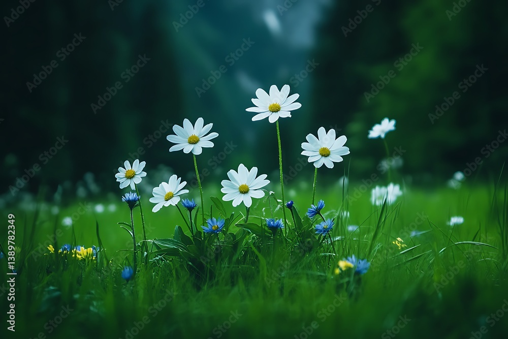 White and yellow wildflowers bloom amidst lush green meadow grasses
